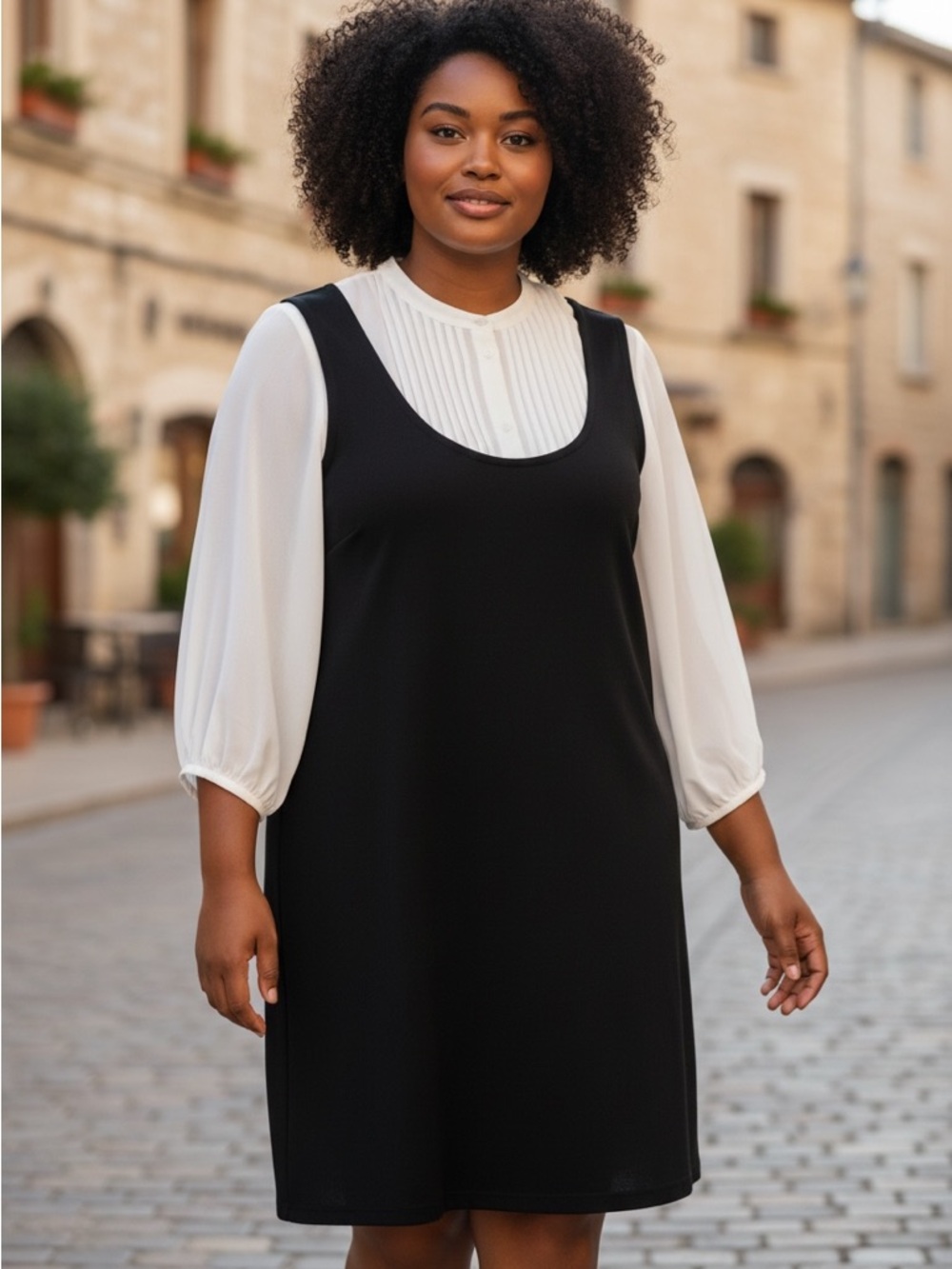Classic Alfani Black Knit Shift Dress with White Blouse Panel and Sleeve sz2x